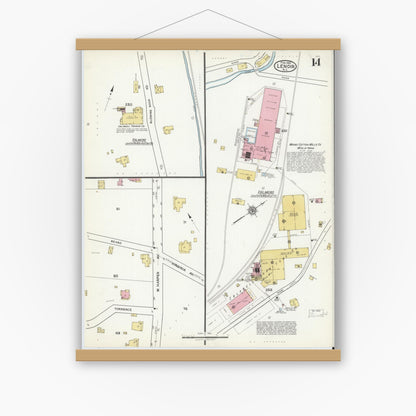 Old map wall art mockup — magnetic wood frame on white wall — Sanborn Fire Insurance Map from Lenoir, Caldwell County, North Carolina (1921), Sheet #0014