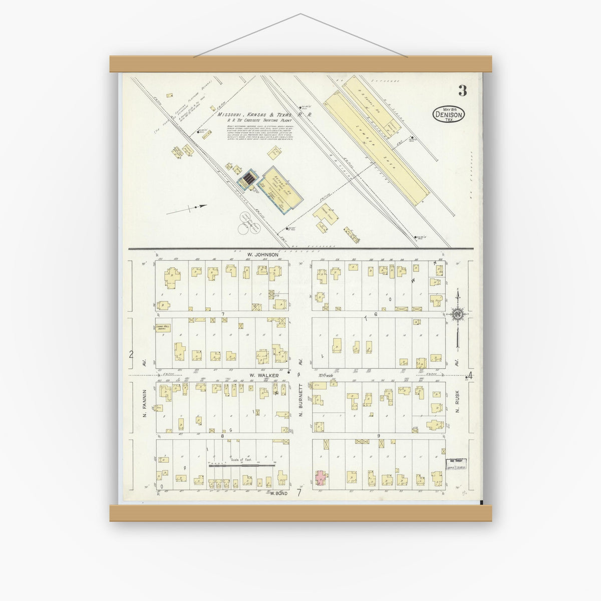 Old map wall art mockup — magnetic wood frame on white wall — Sanborn Fire Insurance Map from Denison, Grayson County, Texas (1914), Sheet #0003