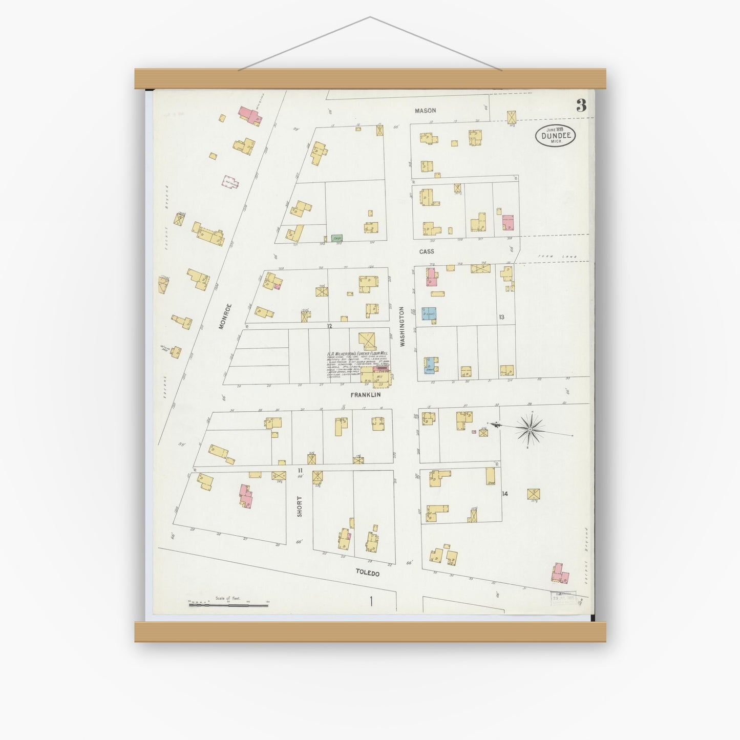 Old map wall art mockup — magnetic wood frame on white wall — Sanborn Fire Insurance Map from Dundee, Monroe County, Michigan (1899), Sheet #0003