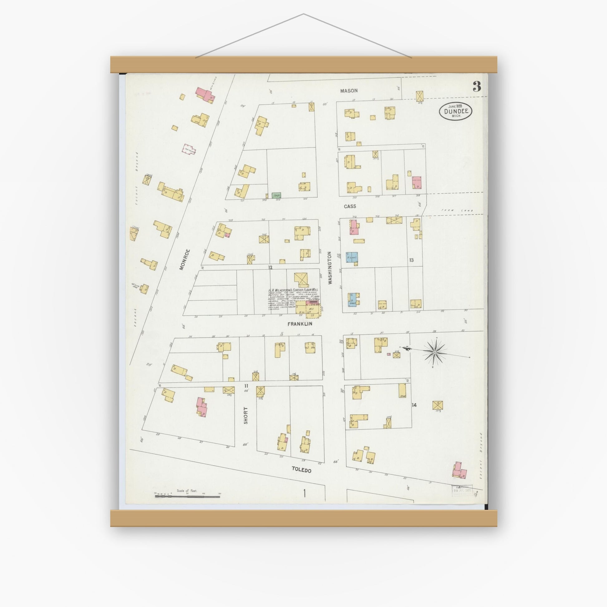 Old map wall art mockup — magnetic wood frame on white wall — Sanborn Fire Insurance Map from Dundee, Monroe County, Michigan (1899), Sheet #0003