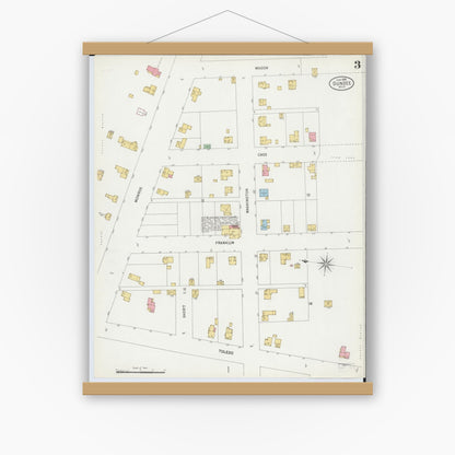Old map wall art mockup — magnetic wood frame on white wall — Sanborn Fire Insurance Map from Dundee, Monroe County, Michigan (1899), Sheet #0003