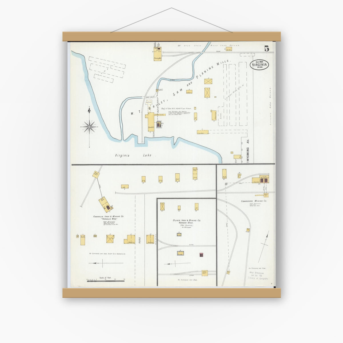 Old map wall art mockup — magnetic wood frame on white wall — Sanborn Fire Insurance Map from Virginia, Saint Louis County, Minnesota (1900), Sheet #0005