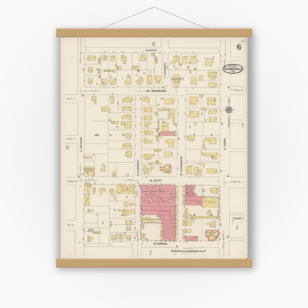 Old map wall art mockup — magnetic wood frame on white wall — Sanborn Fire Insurance Map from Gainesville, Cooke County, Texas (1922), Sheet #0006