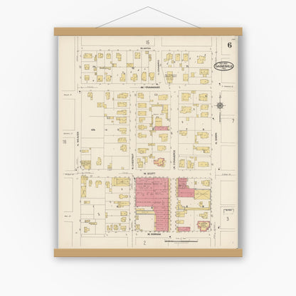 Old map wall art mockup — magnetic wood frame on white wall — Sanborn Fire Insurance Map from Gainesville, Cooke County, Texas (1922), Sheet #0006