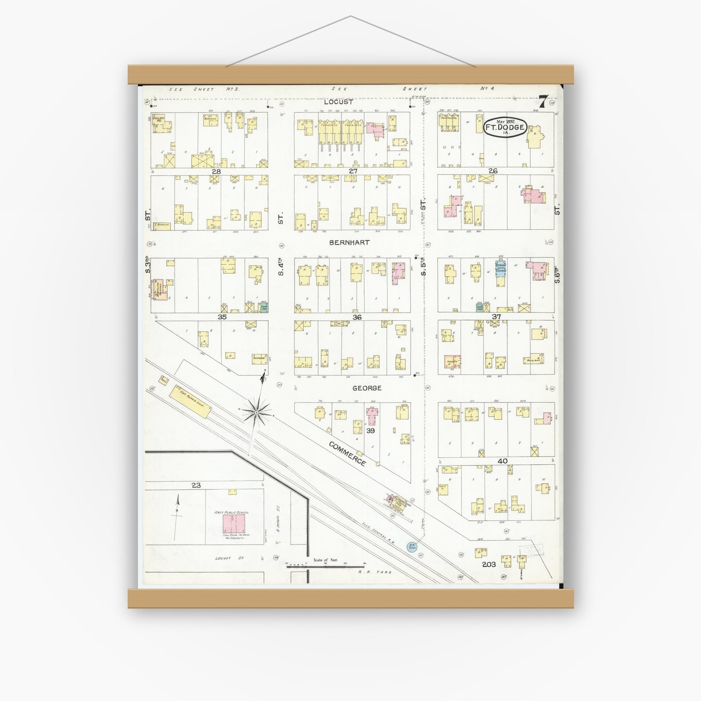Old map wall art mockup — magnetic wood frame on white wall — Sanborn Fire Insurance Map from Fort Dodge, Webster County, Iowa (1892), Sheet #0007