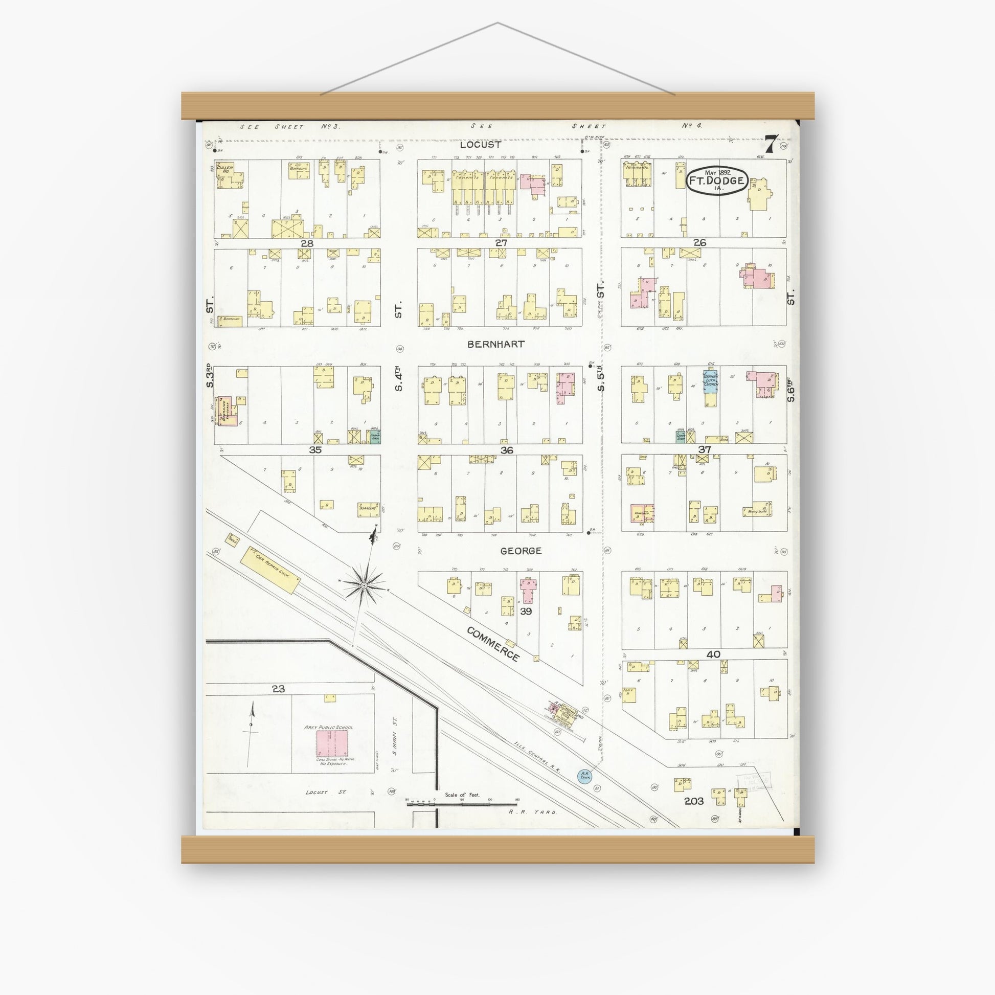 Old map wall art mockup — magnetic wood frame on white wall — Sanborn Fire Insurance Map from Fort Dodge, Webster County, Iowa (1892), Sheet #0007