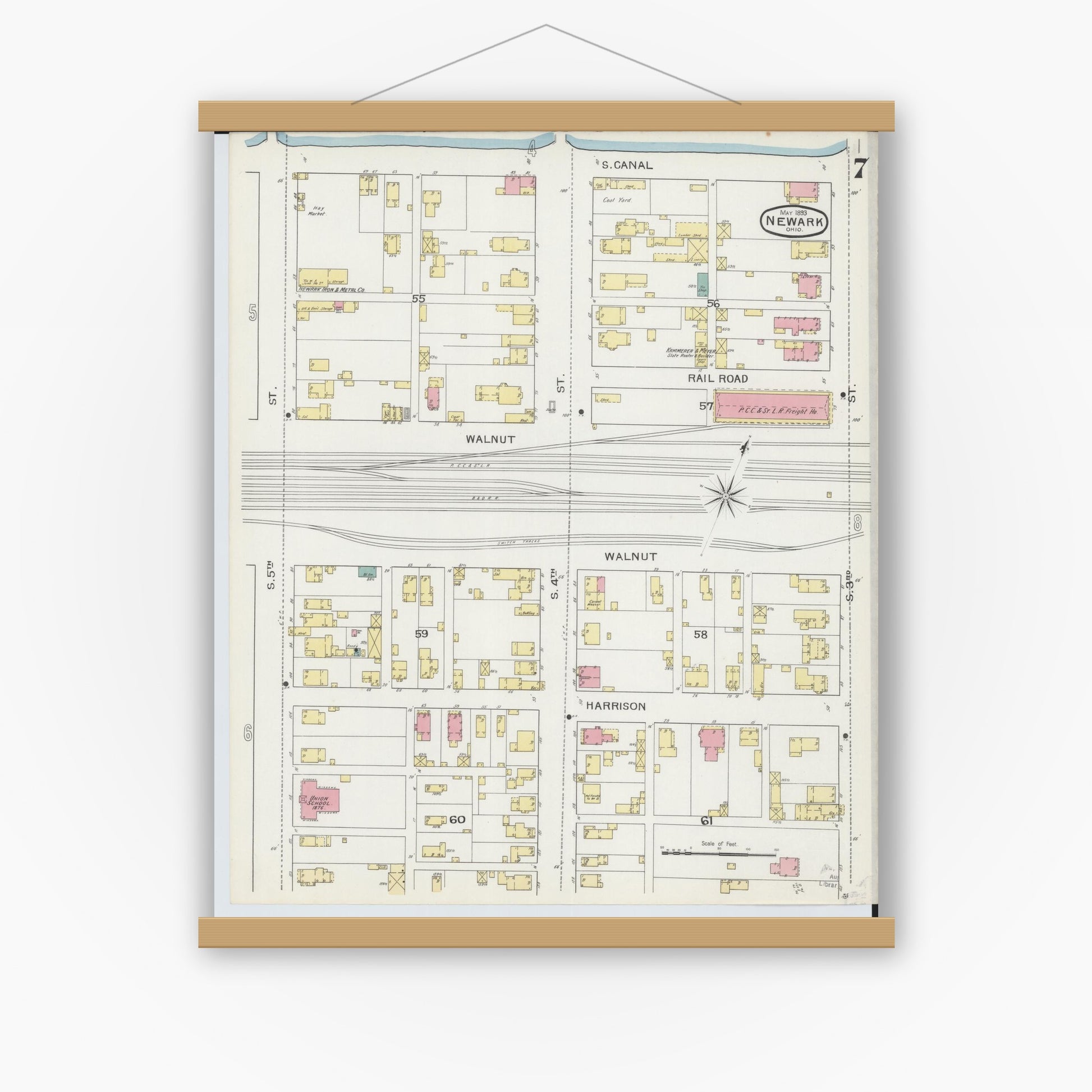 Old map wall art mockup — magnetic wood frame on white wall — Sanborn Fire Insurance Map from Newark, Licking County, Ohio (1893), Sheet #0007