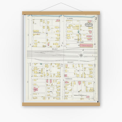 Old map wall art mockup — magnetic wood frame on white wall — Sanborn Fire Insurance Map from Newark, Licking County, Ohio (1893), Sheet #0007