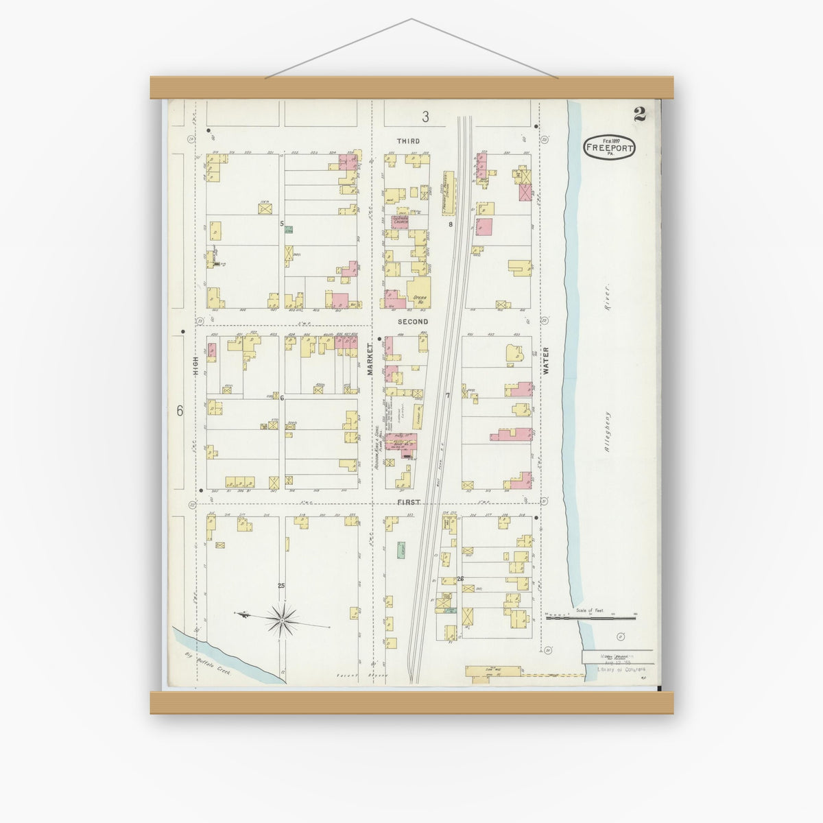 Old map wall art mockup — magnetic wood frame on white wall — Sanborn Fire Insurance Map from Freeport, Armstrong County, Pennsylvania (1897), Sheet #0002