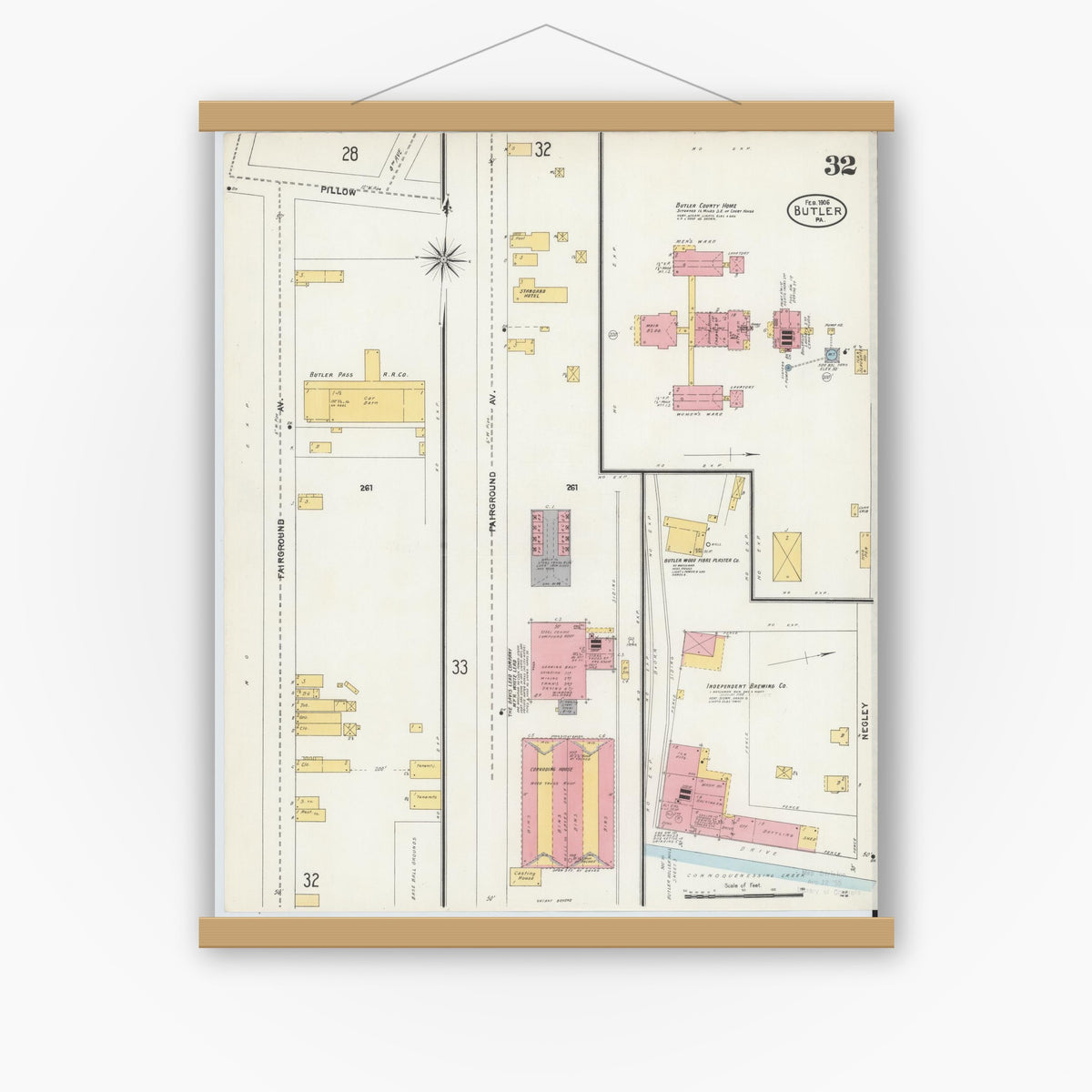 Old map wall art mockup — magnetic wood frame on white wall — Sanborn Fire Insurance Map from Butler, Butler County, Pennsylvania (1906), Sheet #0032