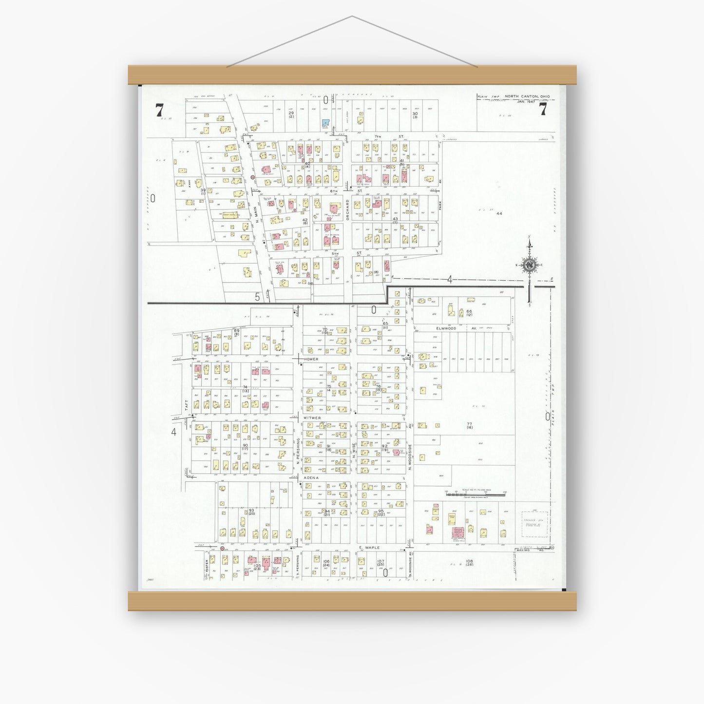 Old map wall art mockup — magnetic wood frame on white wall — Sanborn Fire Insurance Map from North Canton, Stark County, Ohio (1948), Sheet #0007