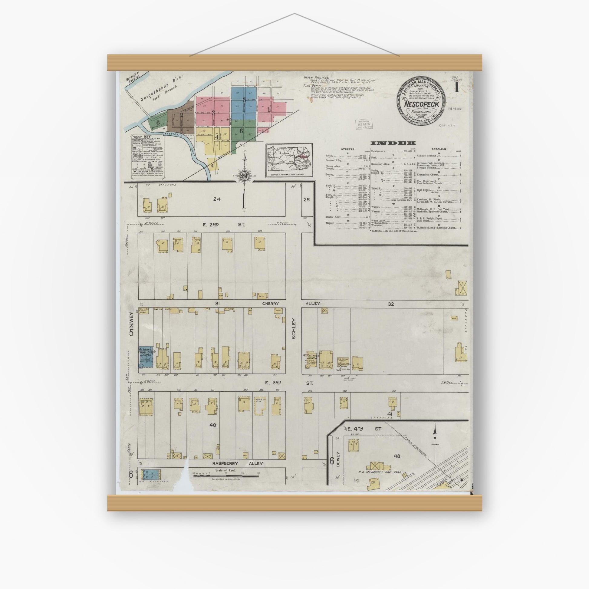 Old map wall art mockup — magnetic wood frame on white wall — Sanborn Fire Insurance Map from Nescopeck, Luzerne County, Pennsylvania (1919) - Complete Map Set