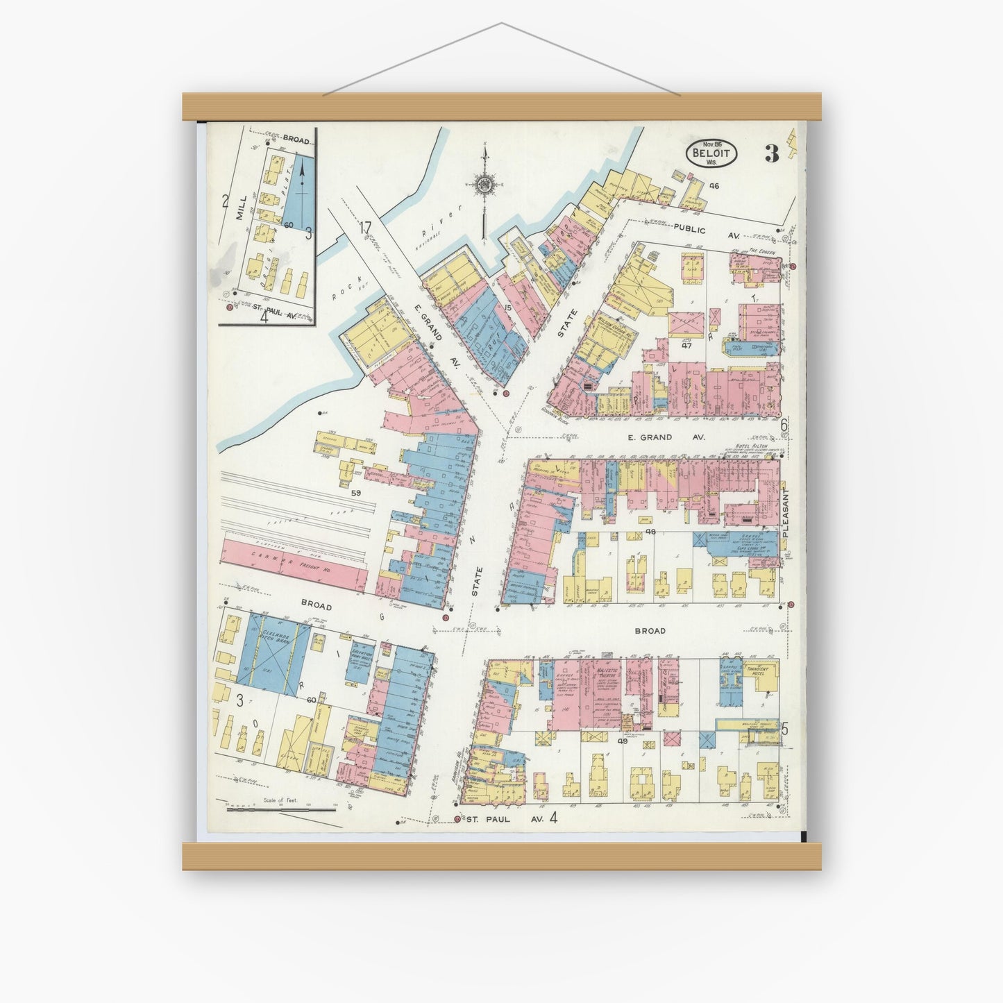 Old map wall art mockup — magnetic wood frame on white wall — Sanborn Fire Insurance Map from Beloit, Rock County, Wisconsin (1915), Sheet #0003