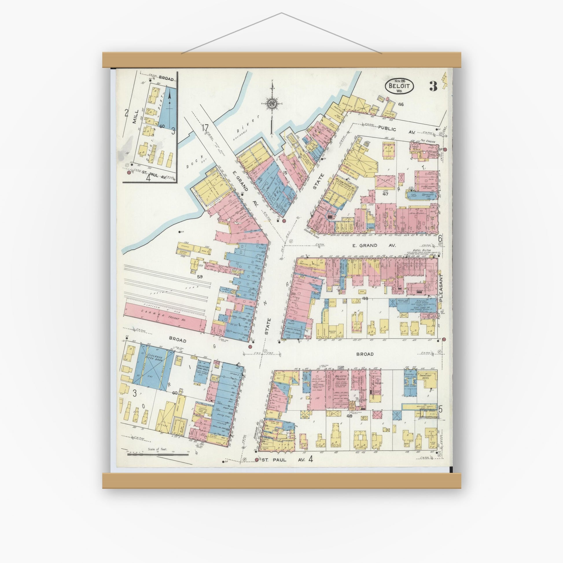 Old map wall art mockup — magnetic wood frame on white wall — Sanborn Fire Insurance Map from Beloit, Rock County, Wisconsin (1915), Sheet #0003
