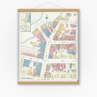 Old map wall art mockup — magnetic wood frame on white wall — Sanborn Fire Insurance Map from Beloit, Rock County, Wisconsin (1915), Sheet #0003