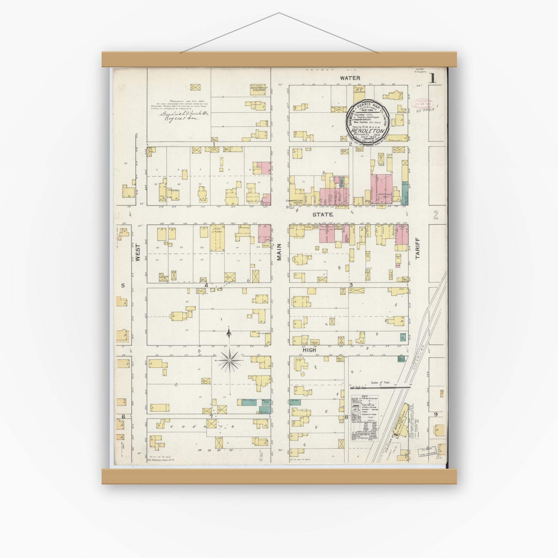 Old map wall art mockup — magnetic wood frame on white wall — Sanborn Fire Insurance Map from Pendleton, Madison County, Indiana (1892) - Complete Map Set