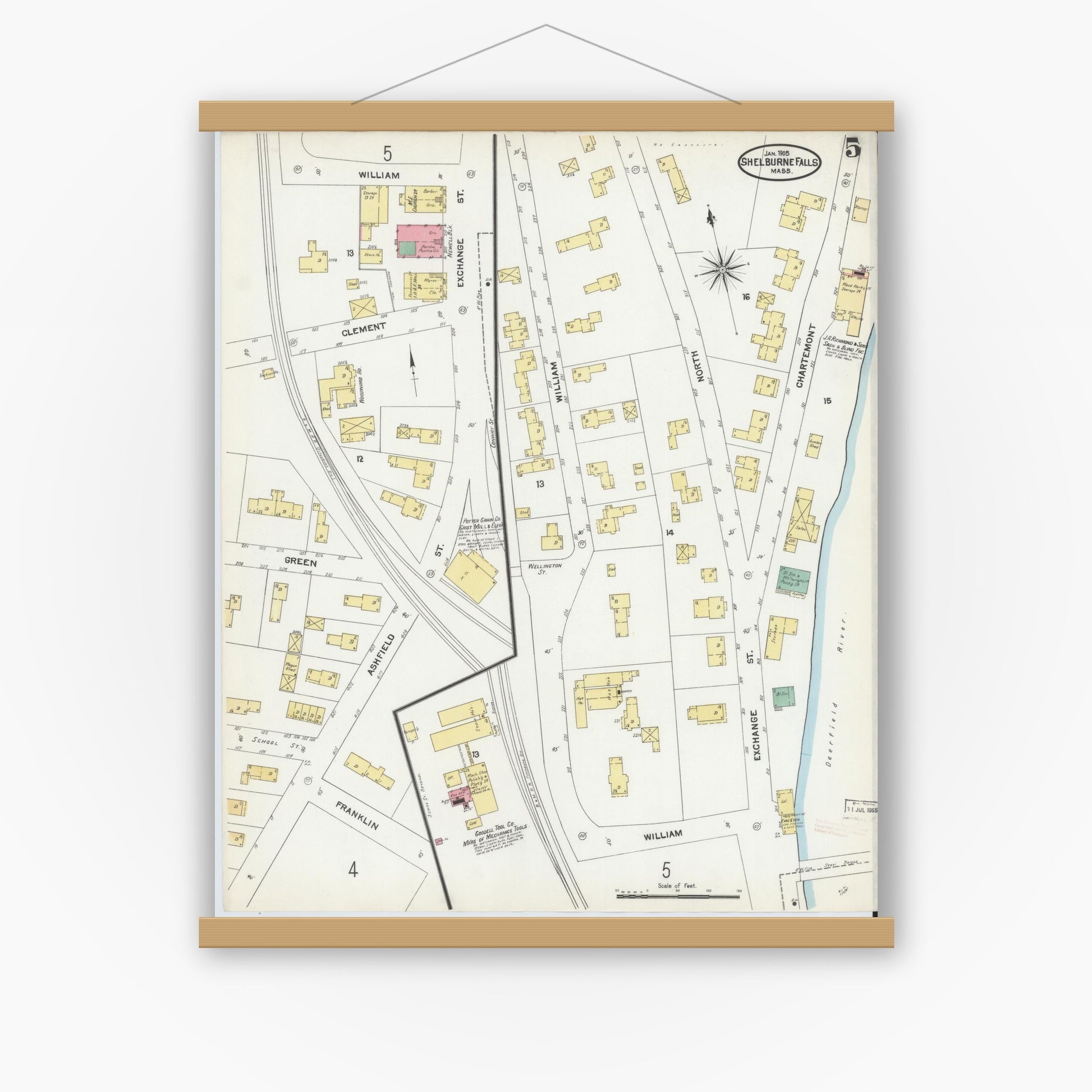 Old map wall art mockup — magnetic wood frame on white wall — Sanborn Fire Insurance Map from Shelburne Falls, Franklin County, Massachusetts (1905), Sheet #0005