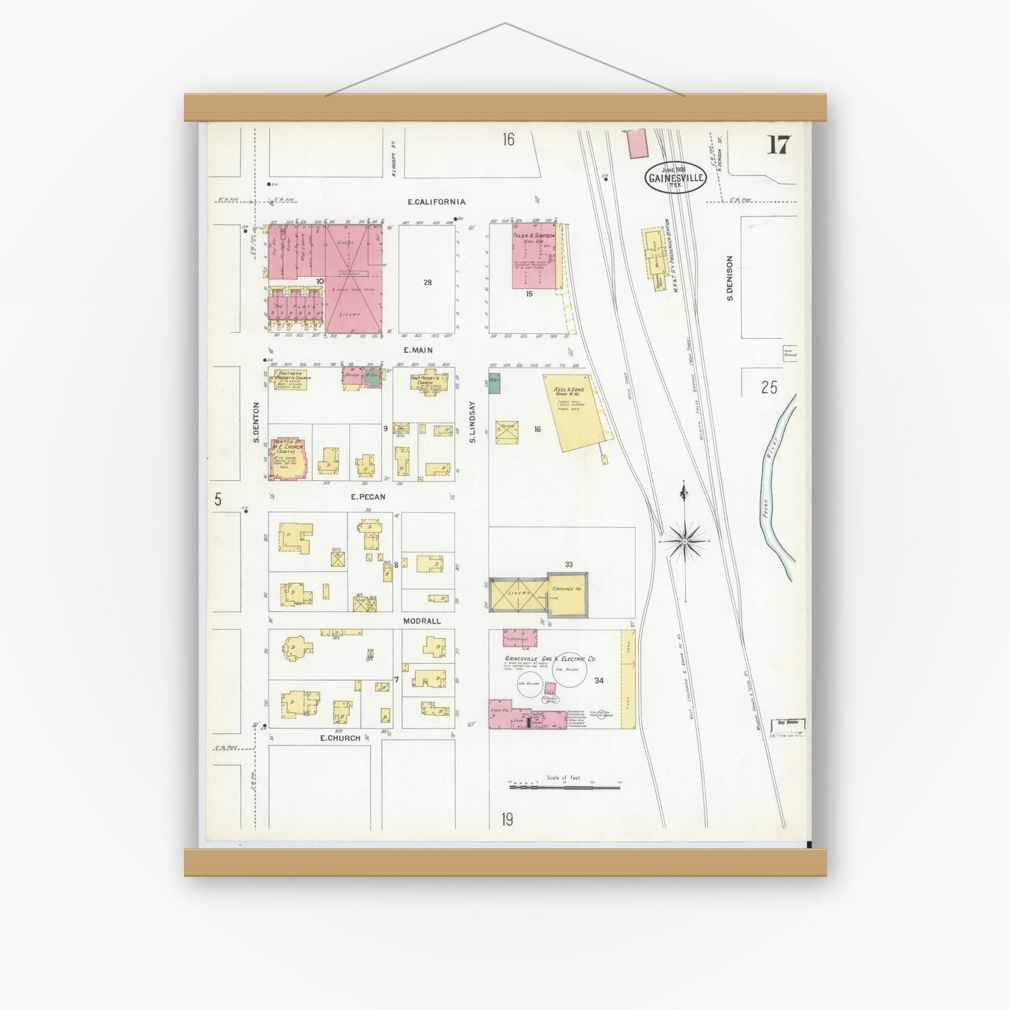 Old map wall art mockup — magnetic wood frame on white wall — Sanborn Fire Insurance Map from Gainesville, Cooke County, Texas (1908), Sheet #0017
