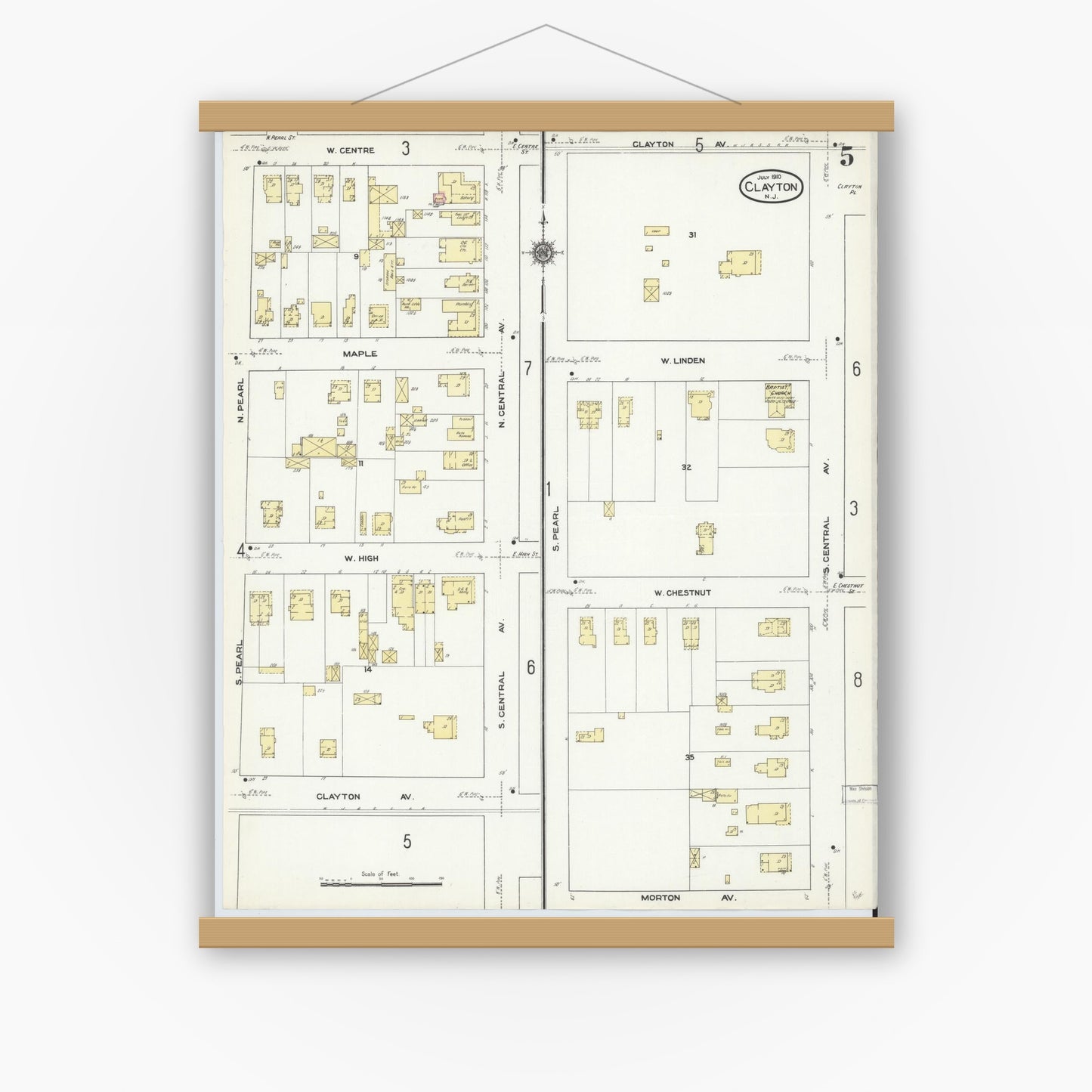 Old map wall art mockup — magnetic wood frame on white wall — Sanborn Fire Insurance Map from Clayton, Gloucester County, New Jersey (1910), Sheet #0005