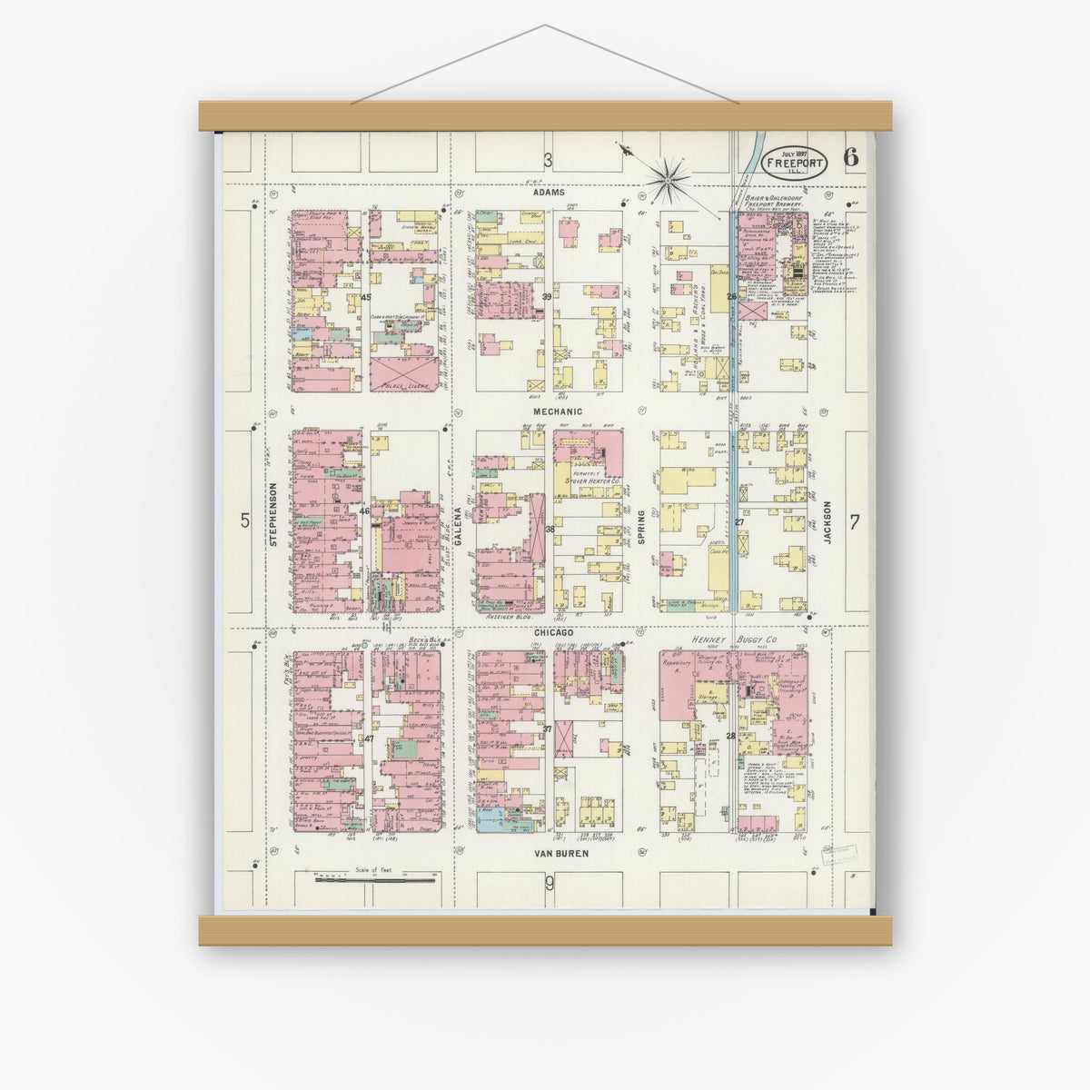 Old map wall art mockup — magnetic wood frame on white wall — Sanborn Fire Insurance Map from Freeport, Stephenson County, Illinois (1897), Sheet #0006