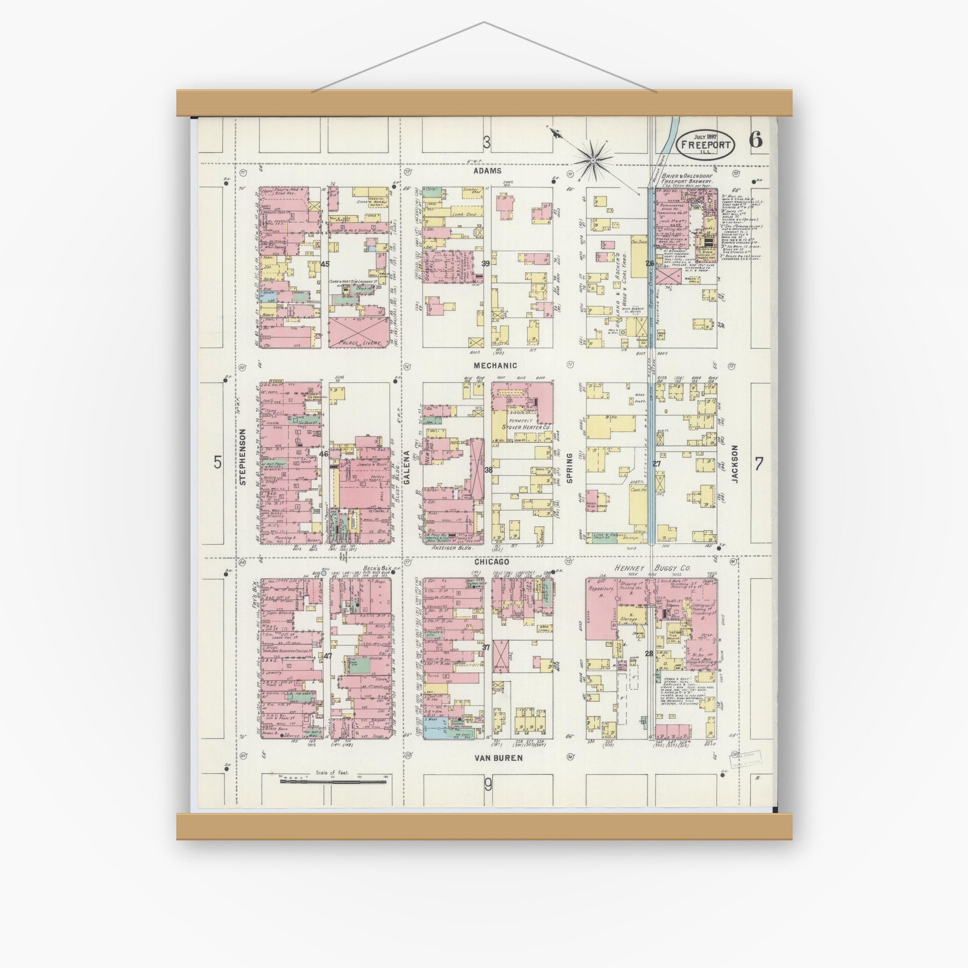 Old map wall art mockup — magnetic wood frame on white wall — Sanborn Fire Insurance Map from Freeport, Stephenson County, Illinois (1897), Sheet #0006