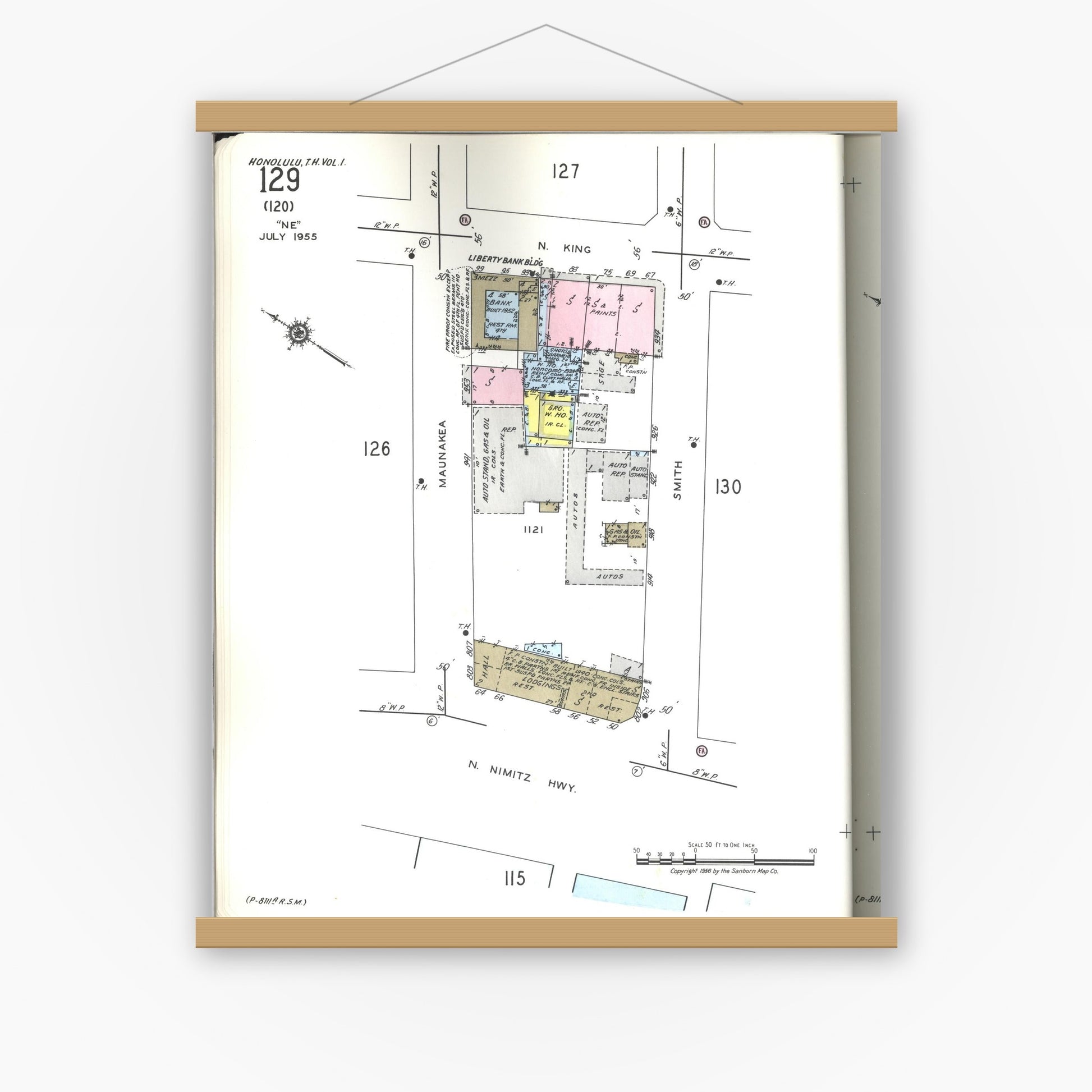 Old map wall art mockup — magnetic wood frame on white wall — Sanborn Fire Insurance Map from Honolulu, Oahu County, Hawaii (1955), Sheet #0129
