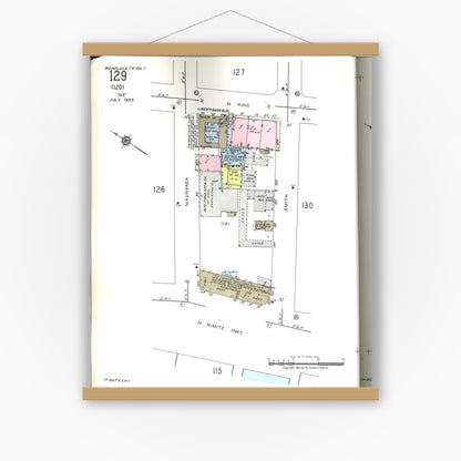 Old map wall art mockup — magnetic wood frame on white wall — Sanborn Fire Insurance Map from Honolulu, Oahu County, Hawaii (1955), Sheet #0129