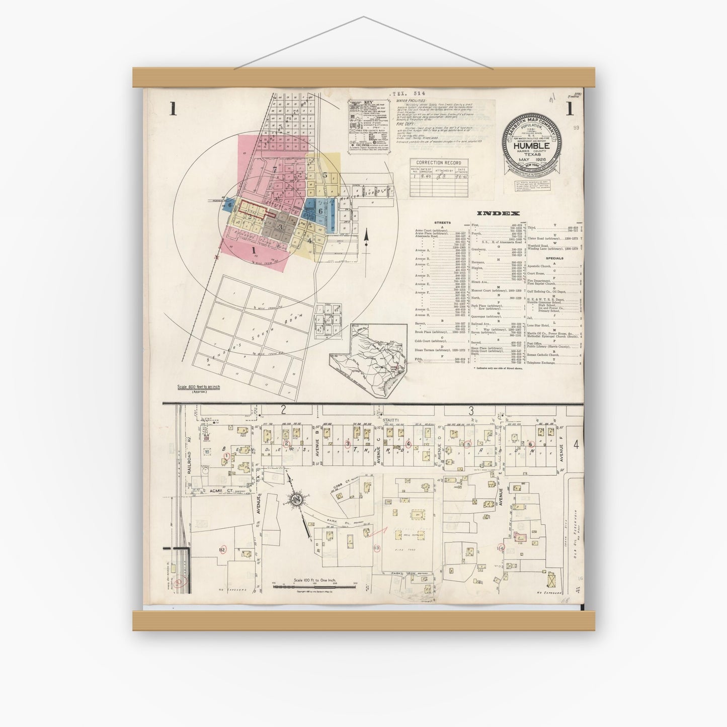 Old map wall art mockup — magnetic wood frame on white wall — Sanborn Fire Insurance Map from Humble, Harris County, Texas (1940), Sheet #0001