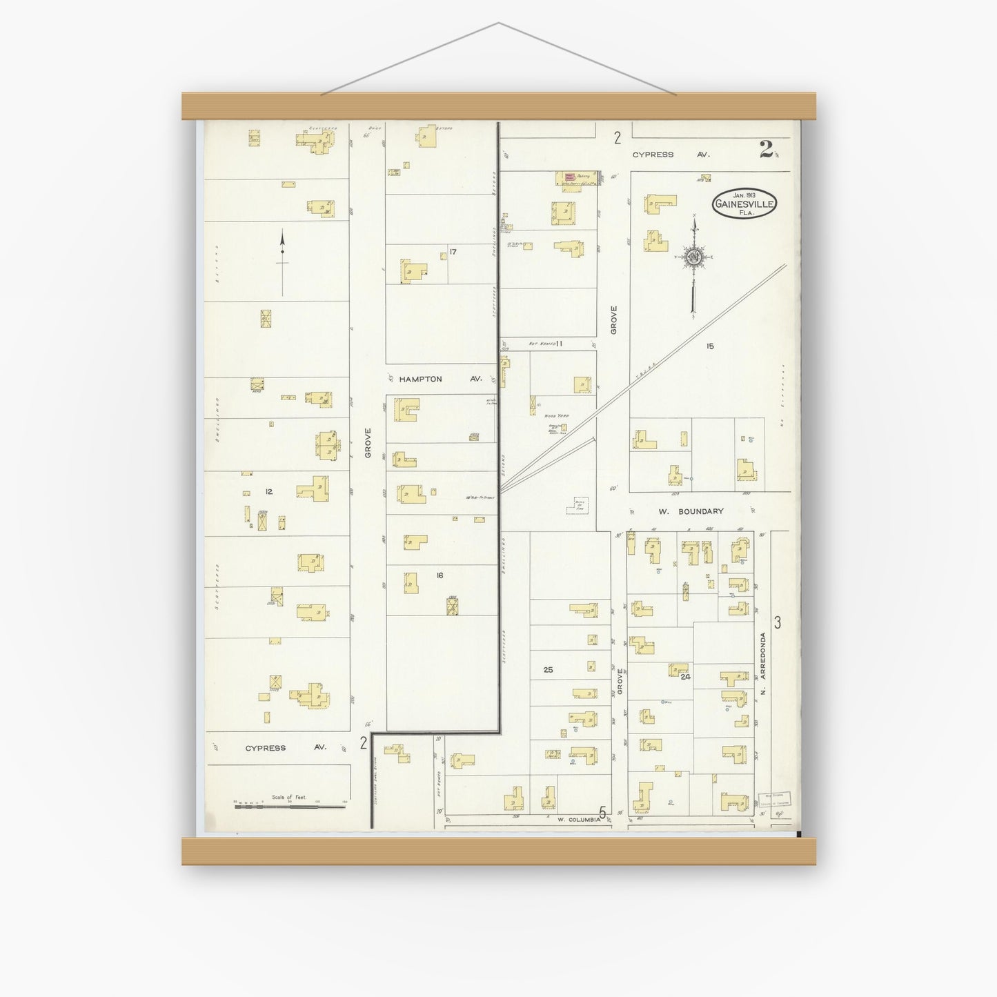 Old map wall art mockup — magnetic wood frame on white wall — Sanborn Fire Insurance Map from Gainesville, Alachua County, Florida (1913), Sheet #0002