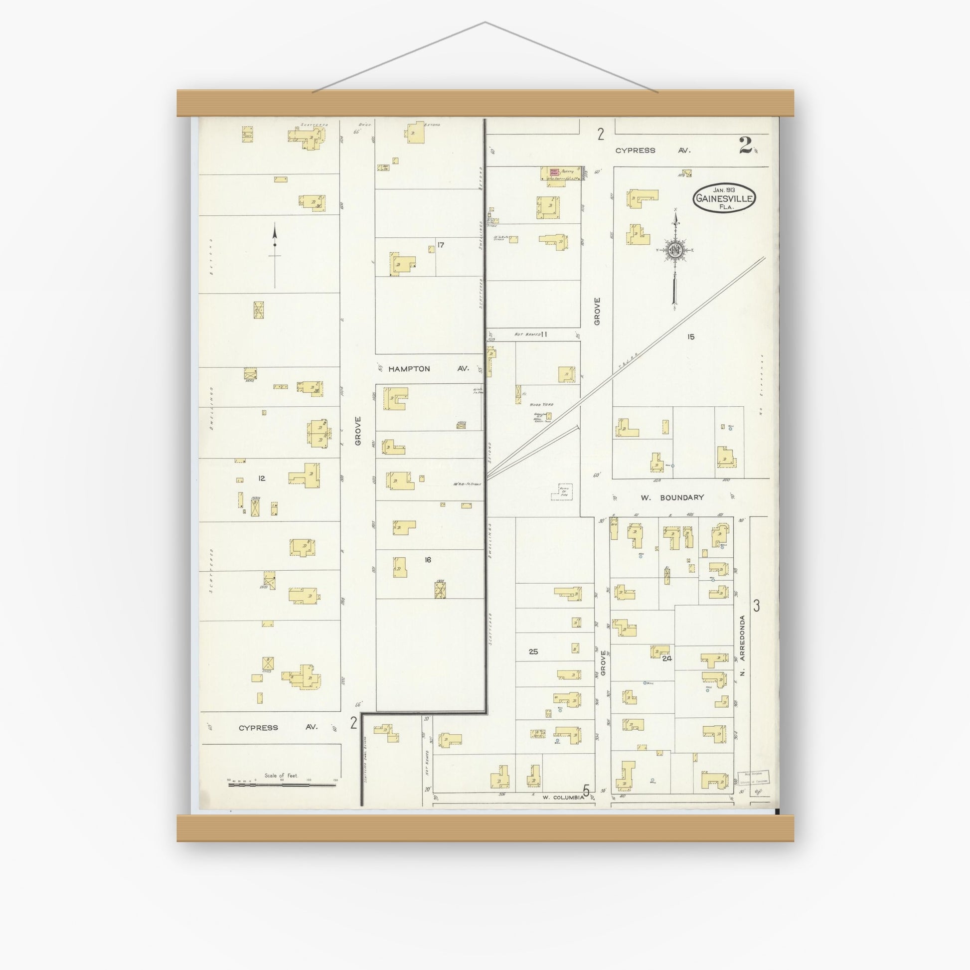 Old map wall art mockup — magnetic wood frame on white wall — Sanborn Fire Insurance Map from Gainesville, Alachua County, Florida (1913), Sheet #0002