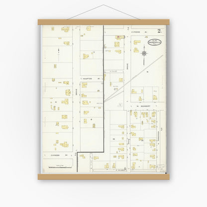 Old map wall art mockup — magnetic wood frame on white wall — Sanborn Fire Insurance Map from Gainesville, Alachua County, Florida (1913), Sheet #0002
