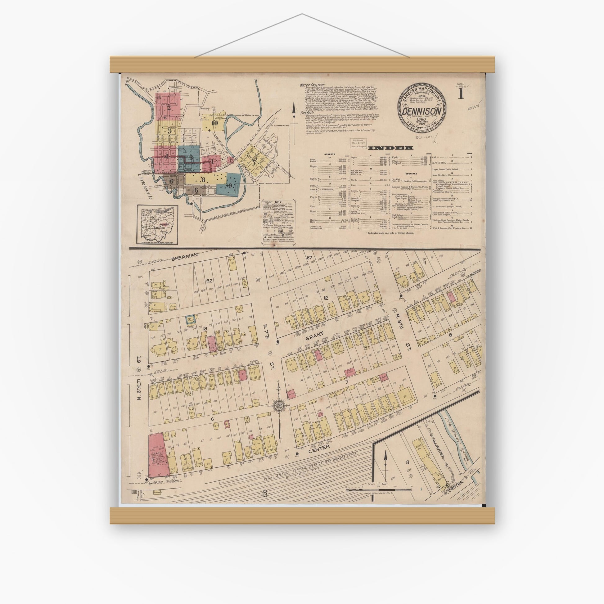 Old map wall art mockup — magnetic wood frame on white wall — Sanborn Fire Insurance Map from Dennison, Tuscarawas County, Ohio (1921), Sheet #0001