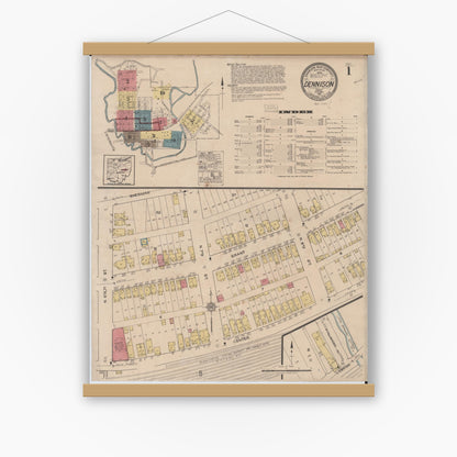 Old map wall art mockup — magnetic wood frame on white wall — Sanborn Fire Insurance Map from Dennison, Tuscarawas County, Ohio (1921), Sheet #0001