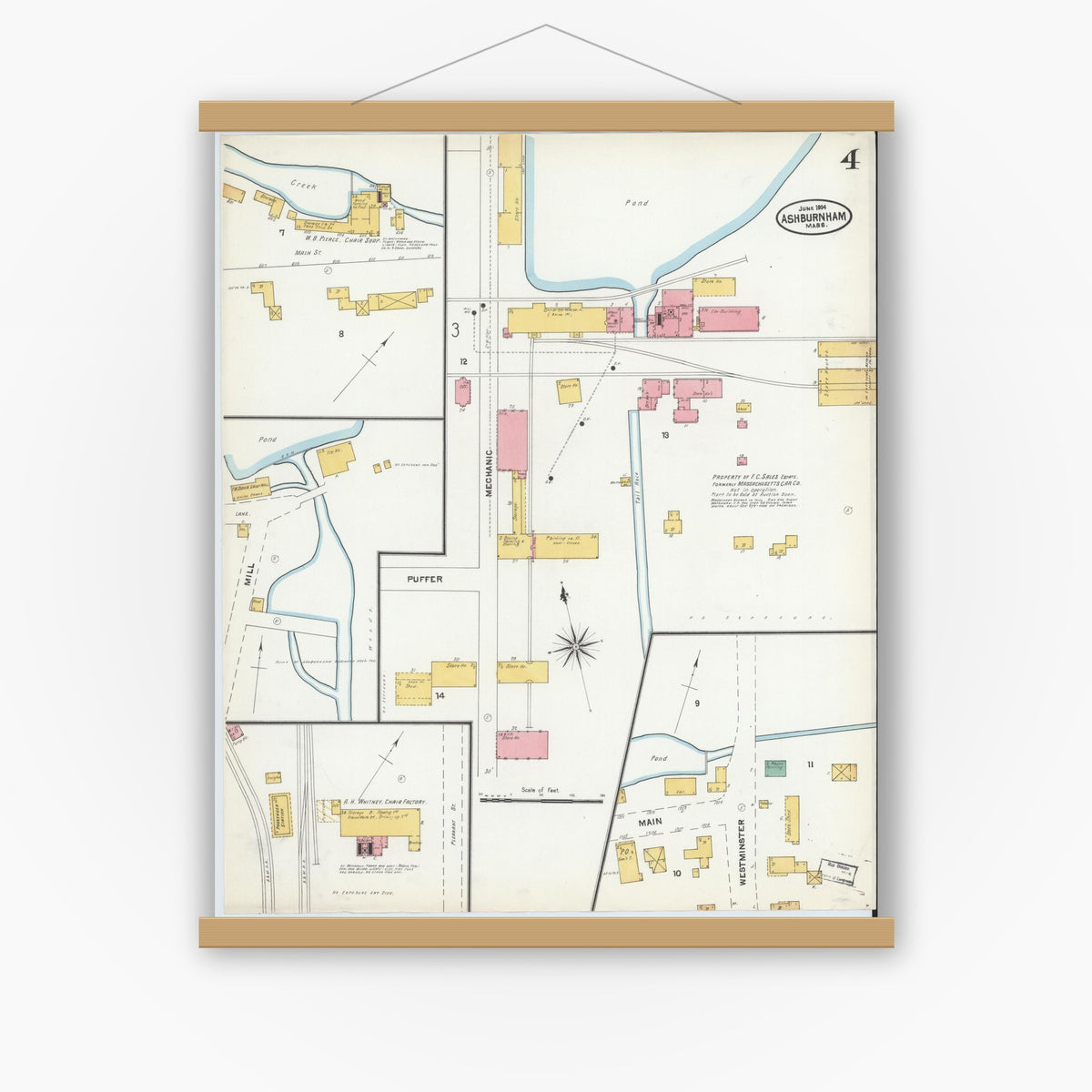 Old map wall art mockup — magnetic wood frame on white wall — Sanborn Fire Insurance Map from Ashburnham, Worcester County, Massachusetts (1904), Sheet #0004