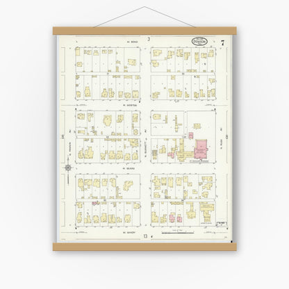 Old map wall art mockup — magnetic wood frame on white wall — Sanborn Fire Insurance Map from Denison, Grayson County, Texas (1914), Sheet #0007