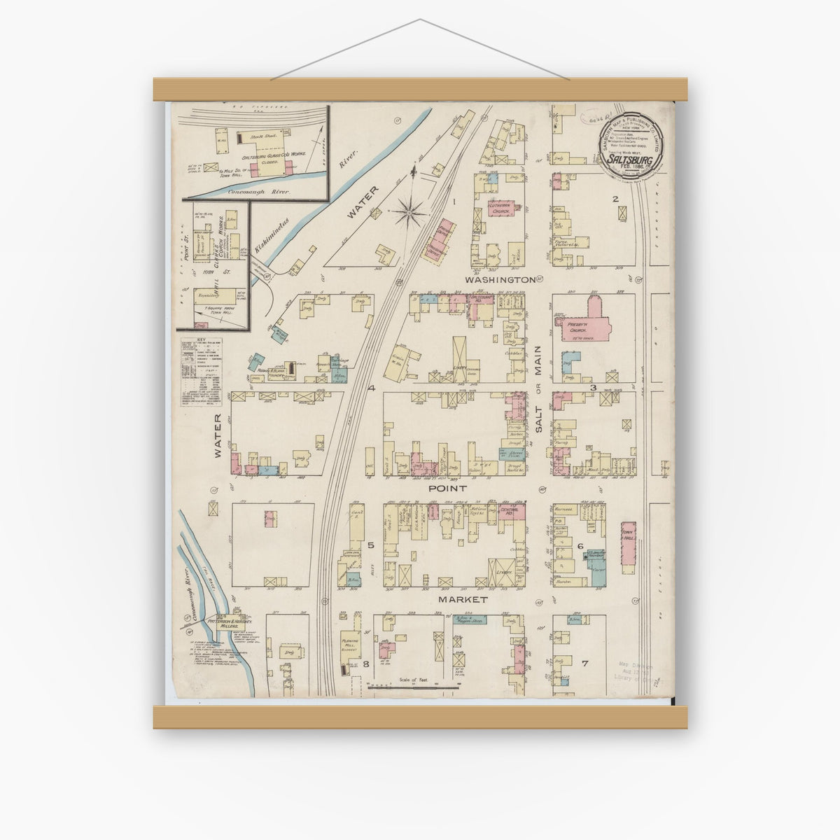 Old map wall art mockup — magnetic wood frame on white wall — Sanborn Fire Insurance Map from Saltsburg, Indiana County, Pennsylvania (1886), Sheet #0001