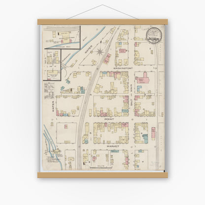 Old map wall art mockup — magnetic wood frame on white wall — Sanborn Fire Insurance Map from Saltsburg, Indiana County, Pennsylvania (1886), Sheet #0001