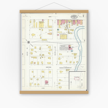 Old map wall art mockup — magnetic wood frame on white wall — Sanborn Fire Insurance Map from Marshall, Lyon County, Minnesota (1909), Sheet #0007