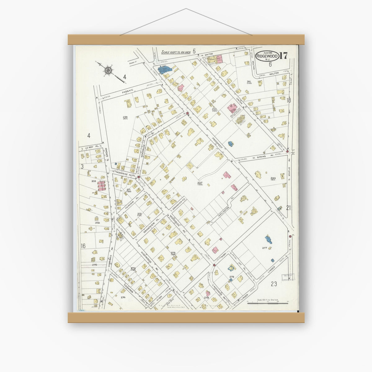 Old map wall art mockup — magnetic wood frame on white wall — Sanborn Fire Insurance Map from Ridgewood, Bergen County, New Jersey (1916), Sheet #0017