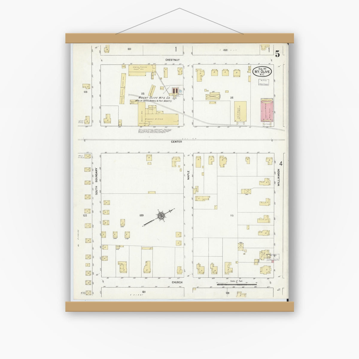 Old map wall art mockup — magnetic wood frame on white wall — Sanborn Fire Insurance Map from Mount Olive, Wayne County, North Carolina (1912), Sheet #0005