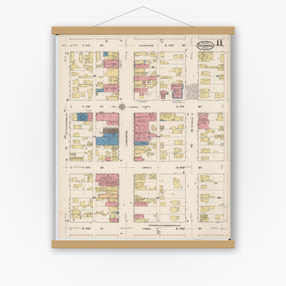 Old map wall art mockup — magnetic wood frame on white wall — Sanborn Fire Insurance Map from Escanaba, Delta County, Michigan (1921), Sheet #0011