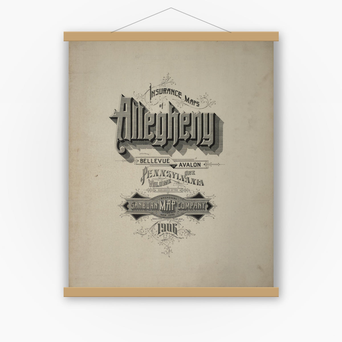 Old map wall art mockup — magnetic wood frame on white wall — Sanborn Fire Insurance Map from Allegheny, Allegheny County, Pennsylvania (1906), Sheet #0001