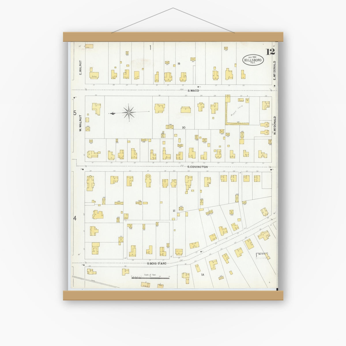 Old map wall art mockup — magnetic wood frame on white wall — Sanborn Fire Insurance Map from Hillsboro, Hill County, Texas (1900), Sheet #0012
