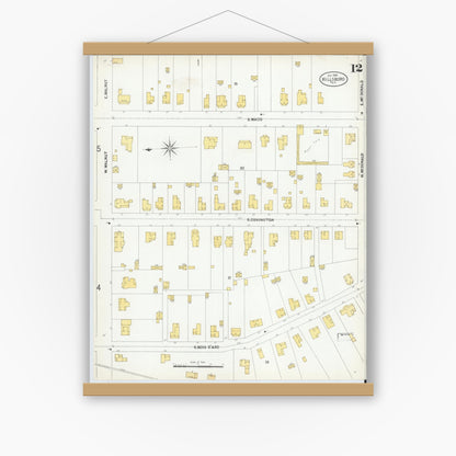 Old map wall art mockup — magnetic wood frame on white wall — Sanborn Fire Insurance Map from Hillsboro, Hill County, Texas (1900), Sheet #0012