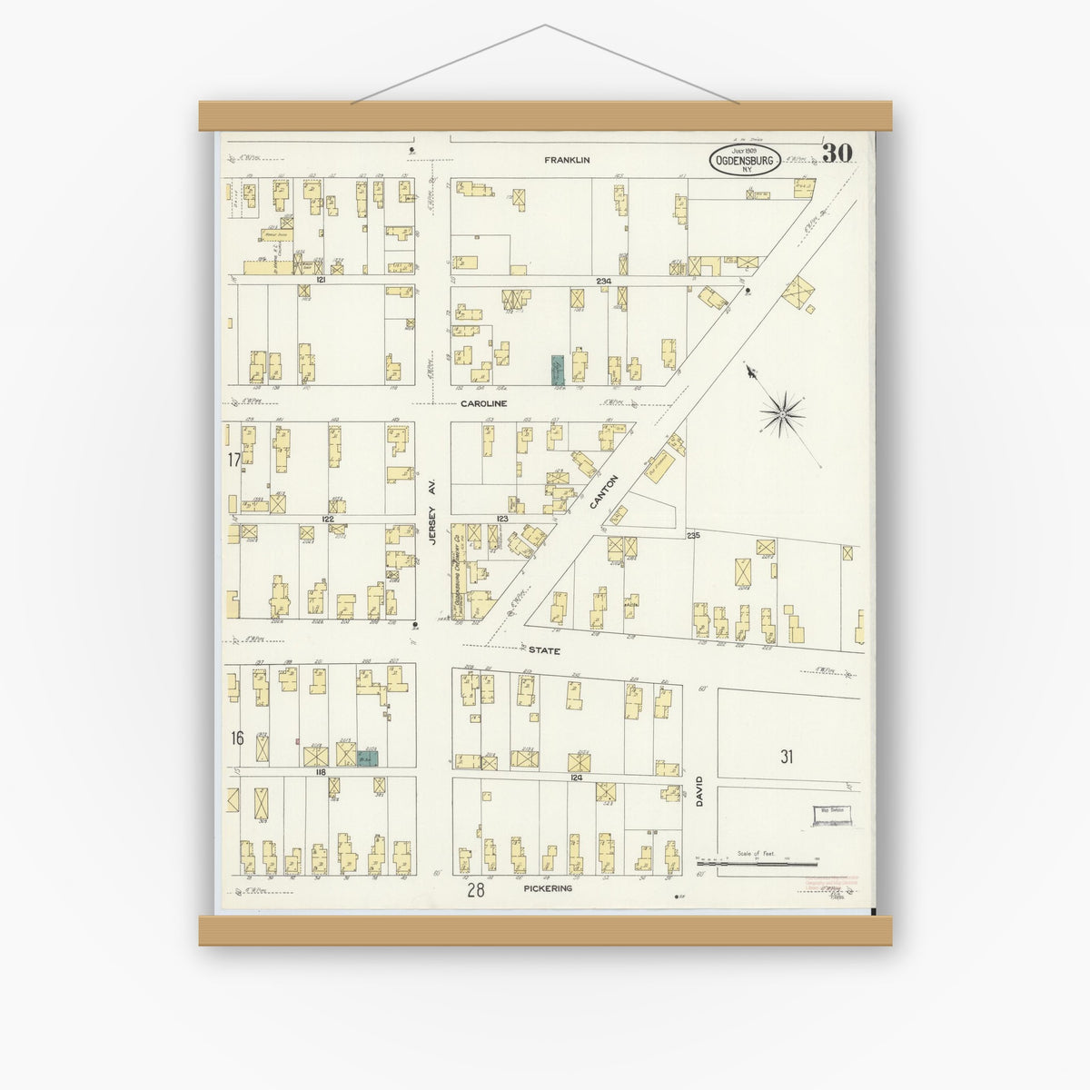 Old map wall art mockup — magnetic wood frame on white wall — Sanborn Fire Insurance Map from Ogdensburg, St. Lawrence County, New York (1909), Sheet #0030