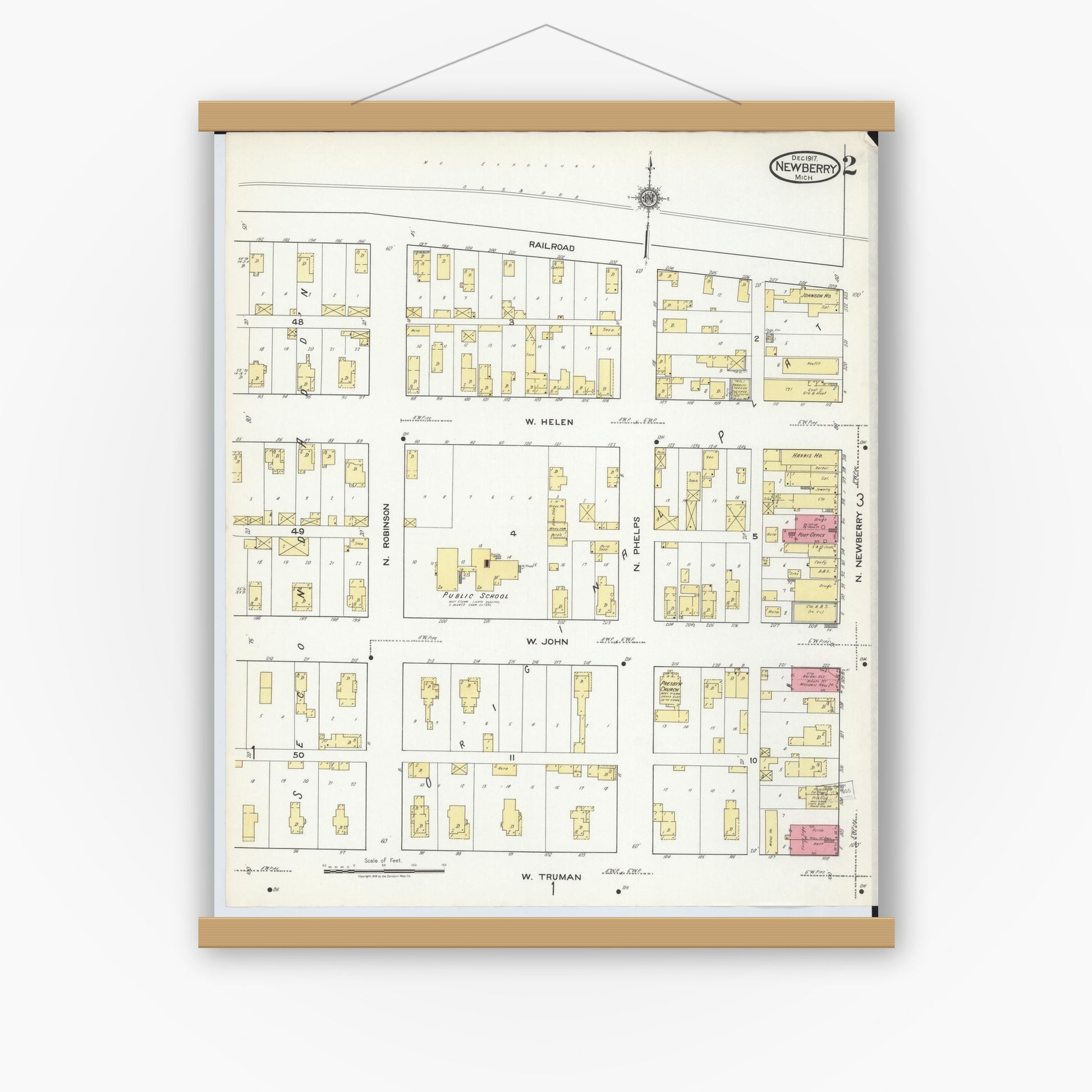 Old map wall art mockup — magnetic wood frame on white wall — Sanborn Fire Insurance Map from Newberry, Luce County, Michigan (1917), Sheet #0002