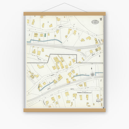 Old map wall art mockup — magnetic wood frame on white wall — Sanborn Fire Insurance Map from Hingham, Plymouth County, Massachusetts (1903), Sheet #0002