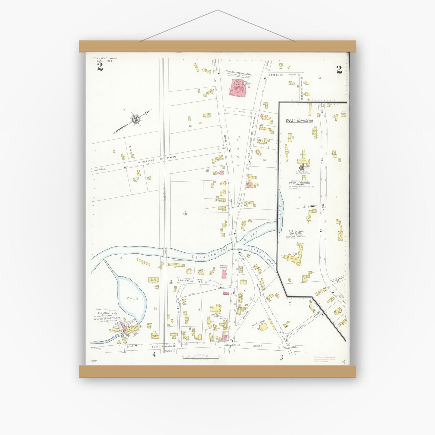 Old map wall art mockup — magnetic wood frame on white wall — Sanborn Fire Insurance Map from Townsend, Middlesex County, Massachusetts (1936), Sheet #0002
