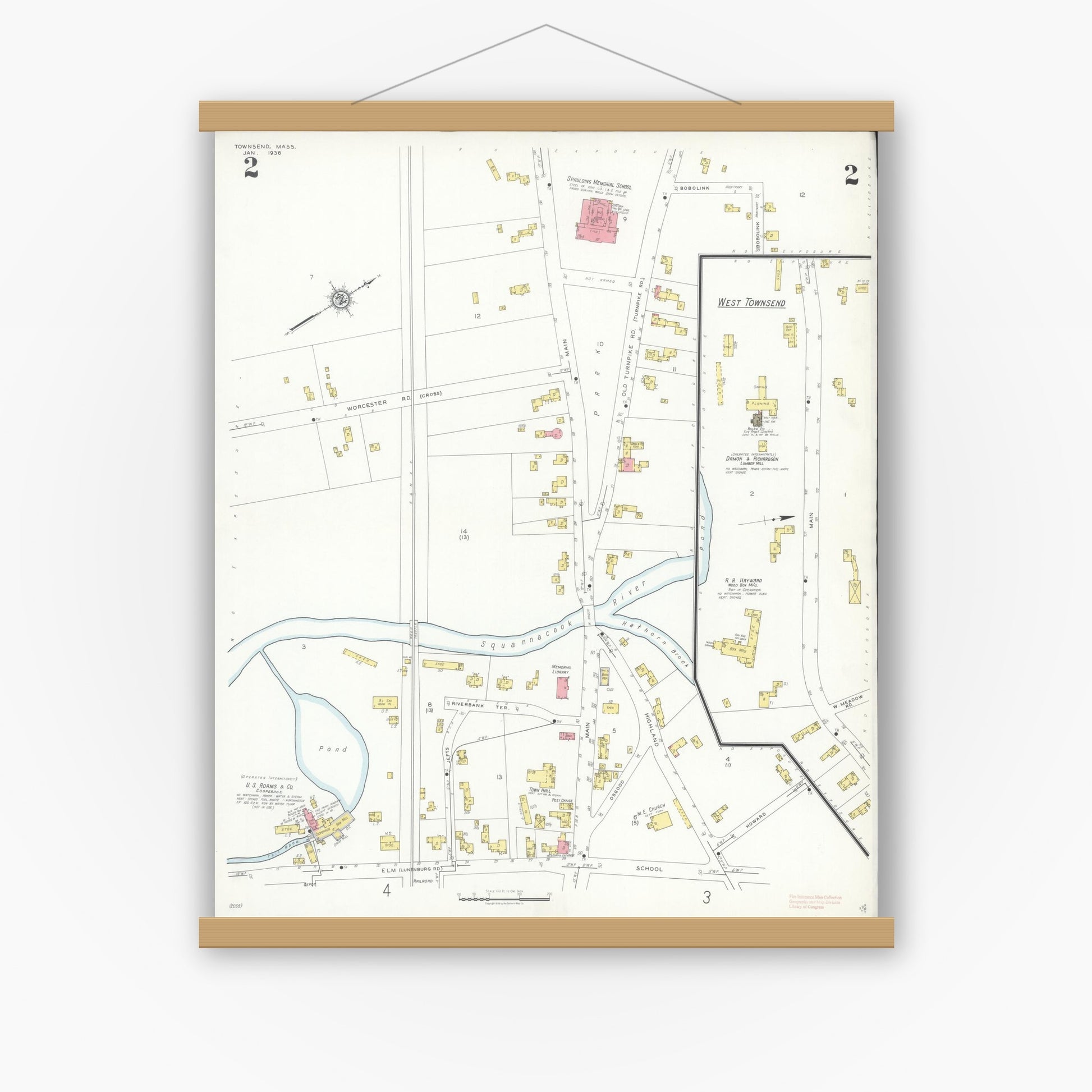 Old map wall art mockup — magnetic wood frame on white wall — Sanborn Fire Insurance Map from Townsend, Middlesex County, Massachusetts (1936), Sheet #0002