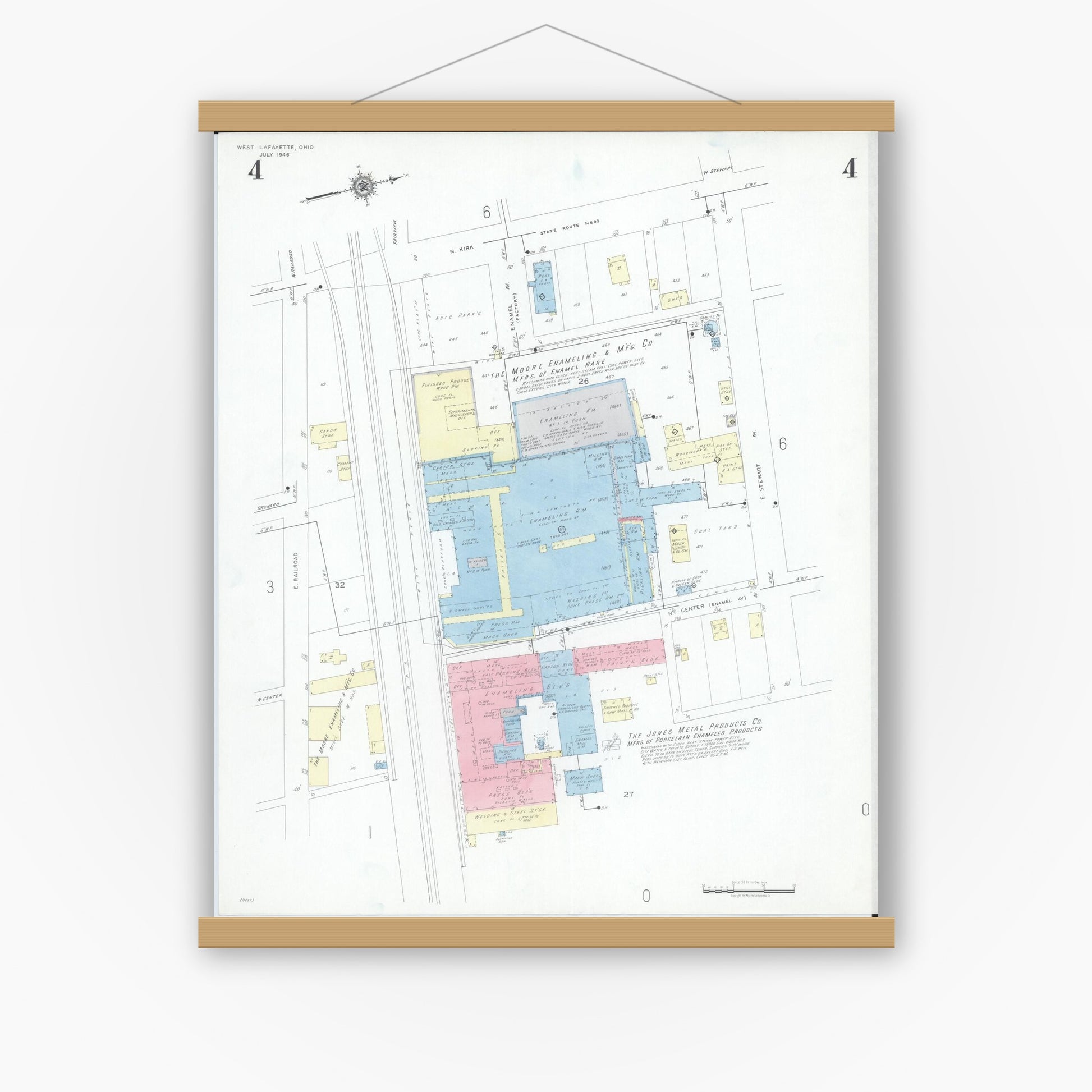 Old map wall art mockup — magnetic wood frame on white wall — Sanborn Fire Insurance Map from West Lafayette, Coshocton County, Ohio (1946), Sheet #0004